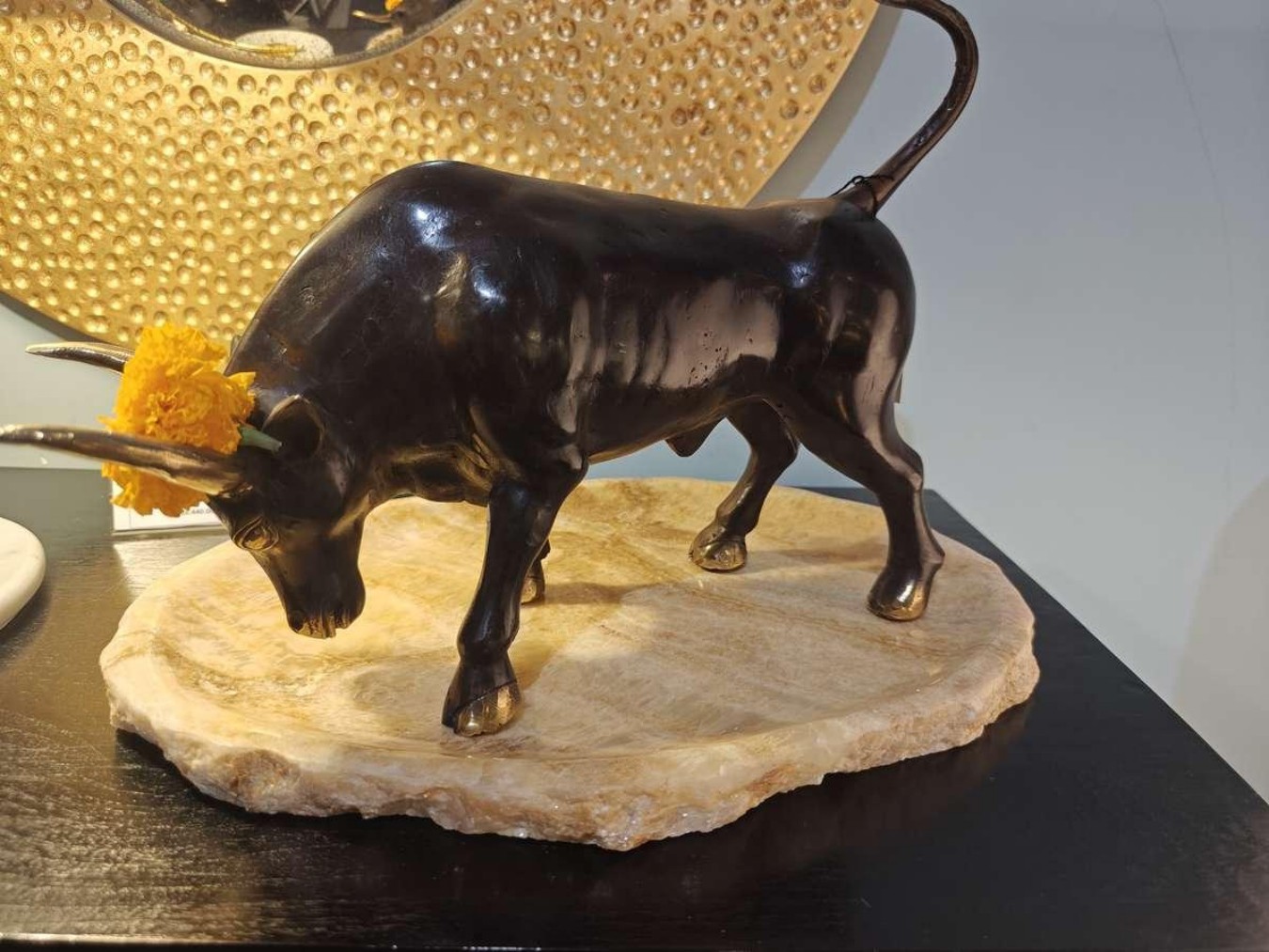 Bronze Bull Sculpture on Stone Base